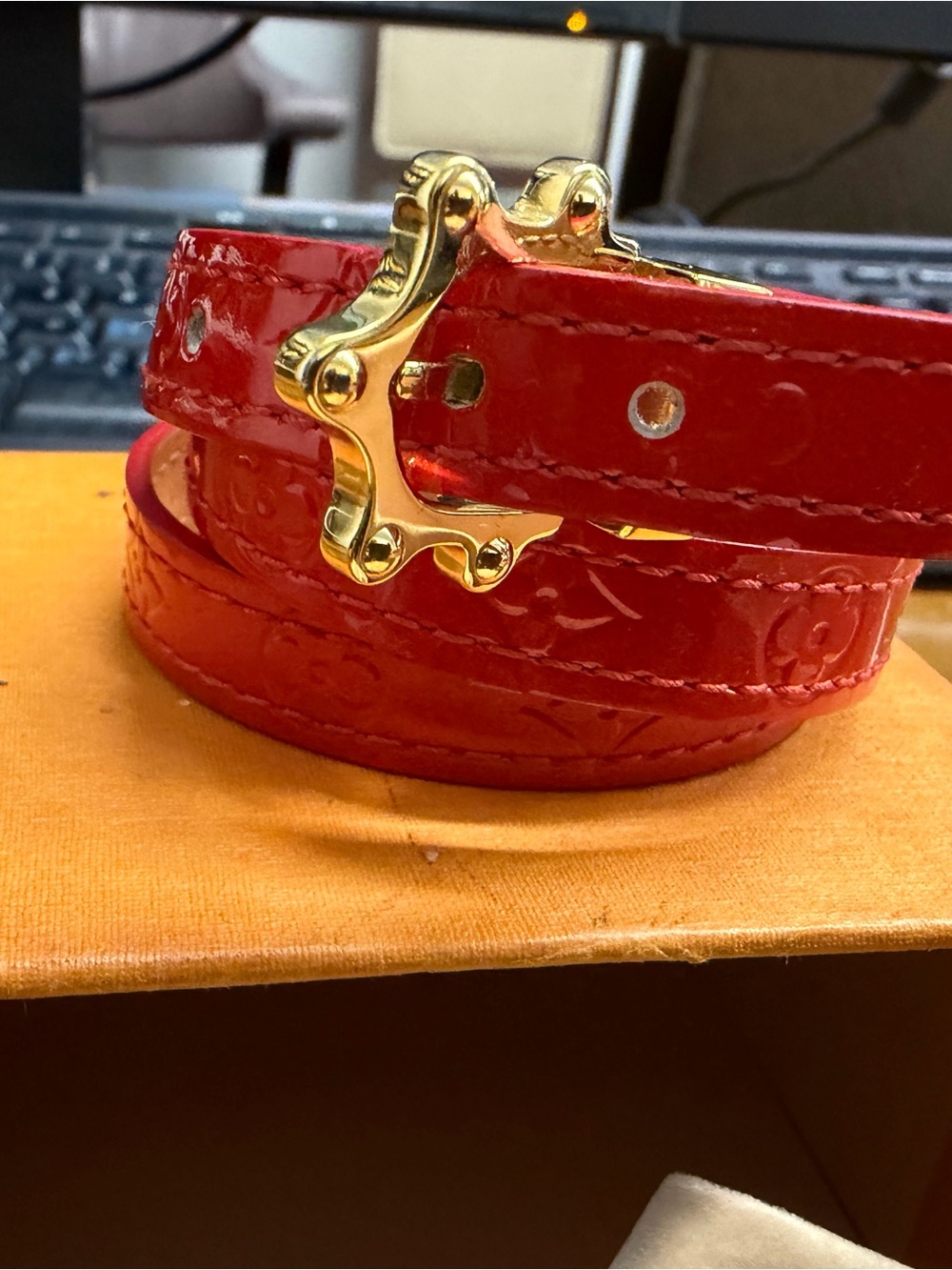 Louis Vuitton Glossy Red Monogram Patent Leather Bracelet with Gold Hardware